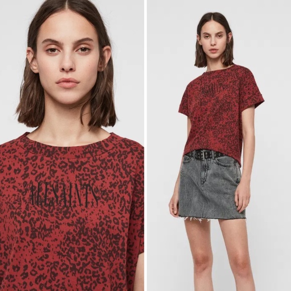 NWOT AllSaints Brackets Imogen Boy Tee Leopard Print Red, Size M/L - Picture 1 of 9